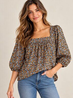 Wonderly Floral Square Neck Puff Sleeve Blouse Navy Rust Women's M